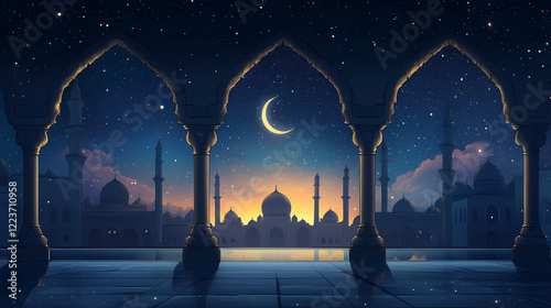 Starlit night & golden arches peaceful starlit night with crescent moon framed by golden islamic arches. Starlit Arch. Illustration photo