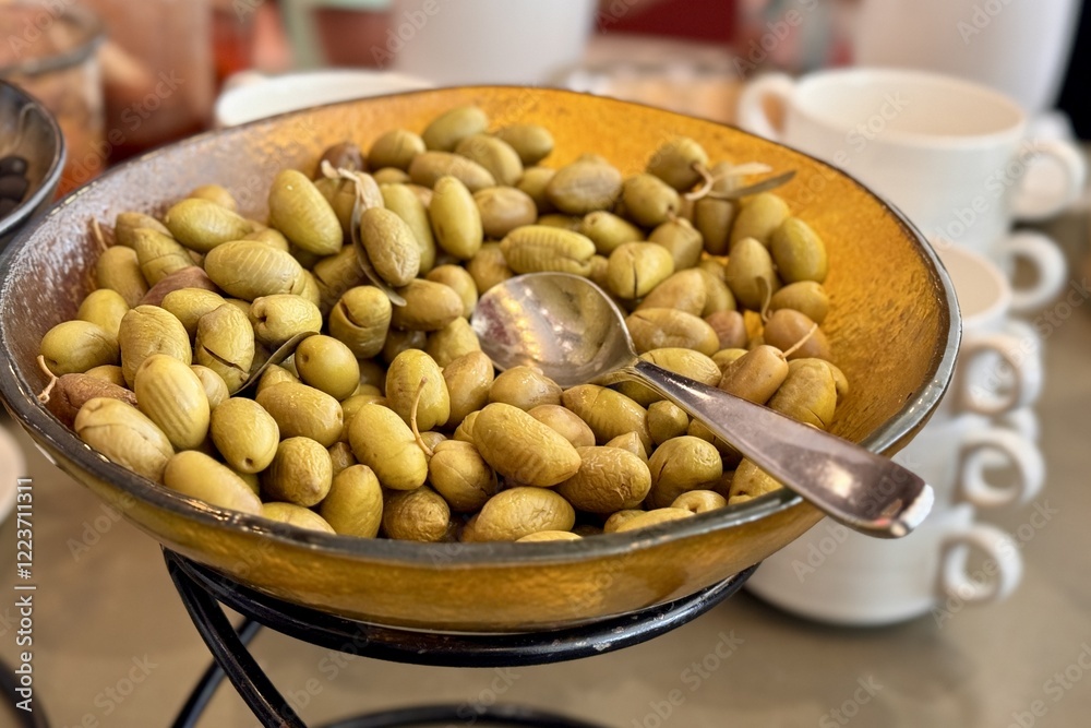Green olives in a large light bowl with a spoon are on the buffet table during lunch. Close-up Green olives in a large light bowl with a spoon are on the buffet table during lunch. Close-up