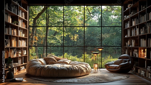 The ambiance of a cozy home office is captured in this scene, with rustic wooden bookshelves and a window view of trees and hills, evoking a library-like study environment