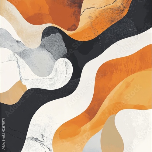Wallpaper Mural Dynamic abstract art featuring flowing curves in warm tones of orange, black, and white, creating a sense of movement and balance over a textured surface. Torontodigital.ca