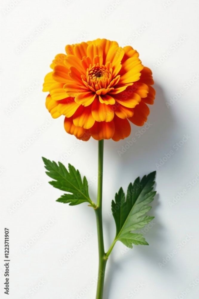 Single marigold bloom on a white background with shadows, petal, contrast Single marigold bloom on a white background with shadows, petal, contrast