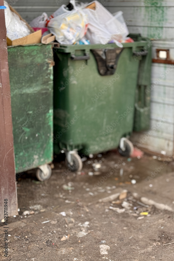 Green garbage can is used for waste containment and garbage collection located in special place for food waste Green garbage can is used for waste containment and garbage collection located in special place for food waste
