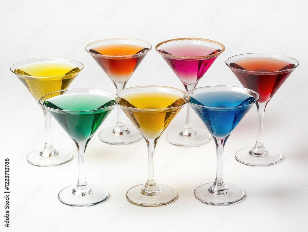 A row of martini glasses with different colored liquids in them. The glasses are lined up in a row, with the first glass on the left and the last glass on the right