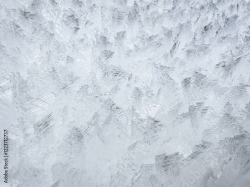 close-up of ice crystals pattern. frosty pattern. nature pattern. frozen water texture. winter frost. ice texture. white minimalistic background
