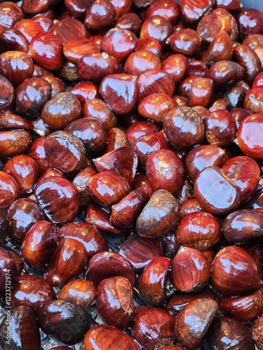 Close up of chestnuts for sale at a market in Italy
