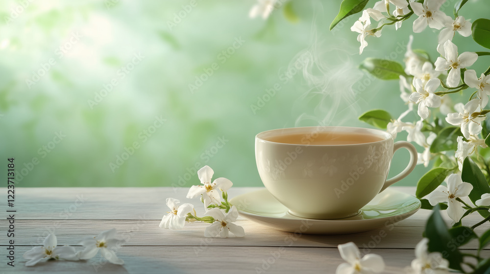 A Serene Tea Arrangement Featuring a Steaming Cup of Jasmine Tea on a Light Wooden Table, Surrounded by Jasmine Flowers, Set Against a Pale Green Background with Space for Text, copy space A Serene Tea Arrangement Featuring a Steaming Cup of Jasmine Tea on a Light Wooden Table, Surrounded by Jasmine Flowers, Set Against a Pale Green Background with Space for Text, copy space