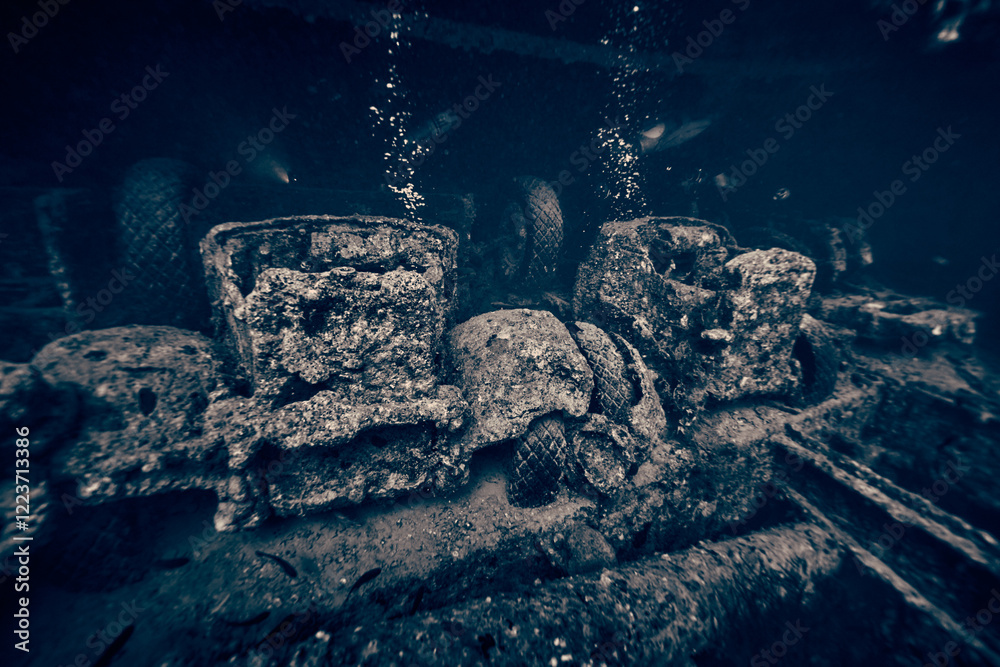 WWII truck inside the ship wreck of SS Thistlegorm - British cargo steamship sunk by German bomber aircraft in the Red Sea in 1941 near Sharm El Sheikh, Egypt. Underwater photography and travel