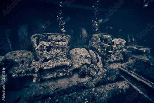 Obraz na płótnie WWII truck inside the ship wreck of SS Thistlegorm - British cargo steamship sunk by German bomber aircraft in the Red Sea in 1941 near Sharm El Sheikh, Egypt. Underwater photography and travel w salonie