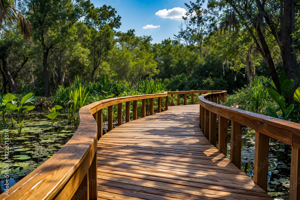 Obraz premium A wooden walkway in the middle of a pond surrounded by trees