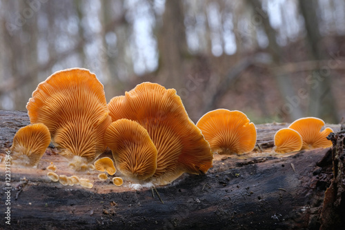 Close up of amazing orange mushrooms Phyllotopsis nidulans, commonly known as the mock oyster or the orange oyster in forest, Poland photo