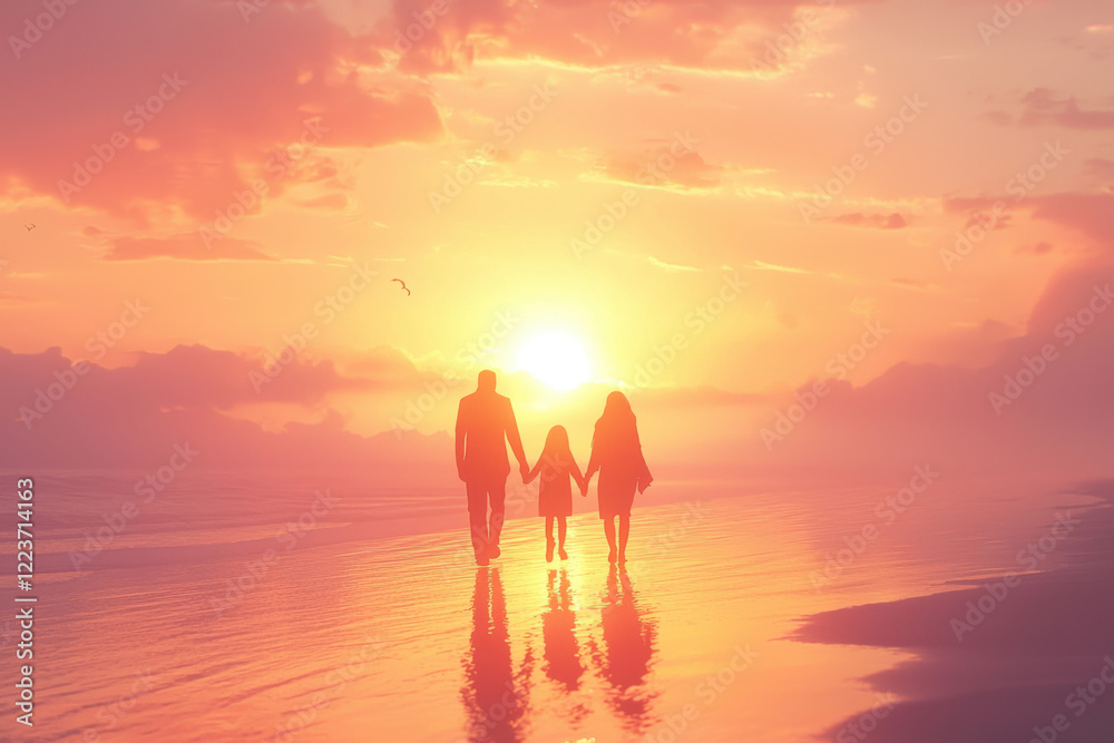 A serene beach at sunset with a family walking along the shoreline, their silhouettes glowing in the warm light. A serene beach at sunset with a family walking along the shoreline, their silhouettes glowing in the warm light.