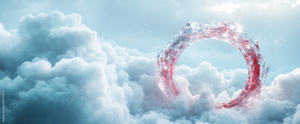 Fototapeta premium Red crystal ring floats above cloudscape; ethereal, spiritual, fantasy concept; ideal for website backgrounds, album art