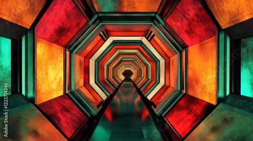 An impressive visual of a futuristic neon-lit tunnel with an intricate hexagonal design, blending vibrant colors and geometric precision, evoking excitement and wonder. photo