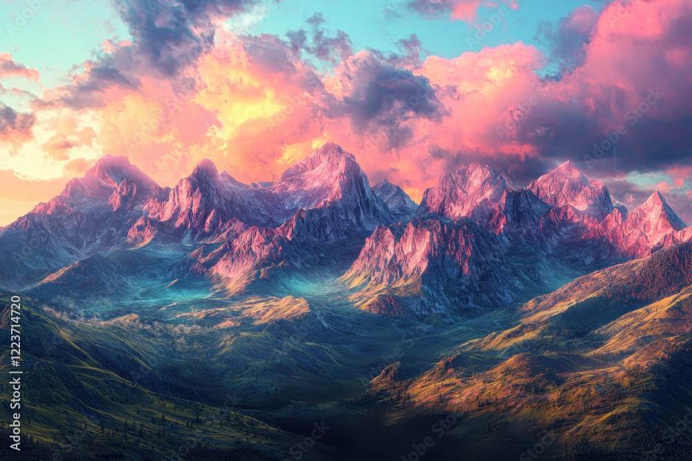 A breathtaking view of sunlit mountains with rolling green valleys under a soft pastel sky. A breathtaking view of sunlit mountains with rolling green valleys under a soft pastel sky.