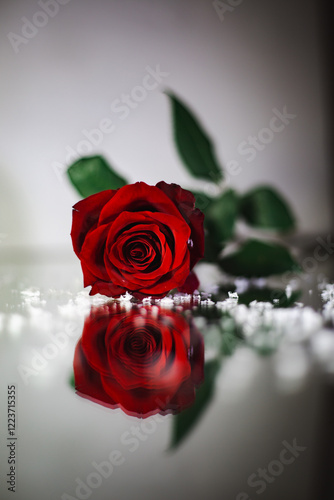 red rose in the mirror reflection
