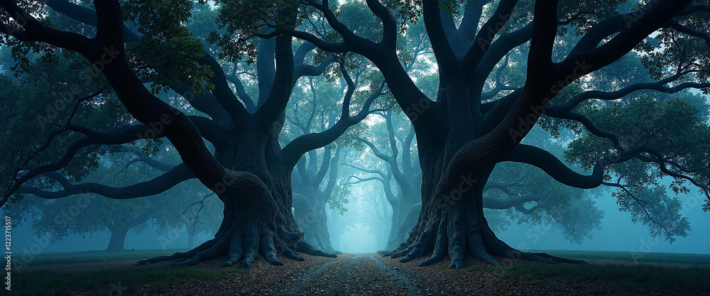 Naklejka premium Majestic ancient trees enveloped in ethereal mist creating a serene, mystical atmosphere along a winding path in a tranquil grove