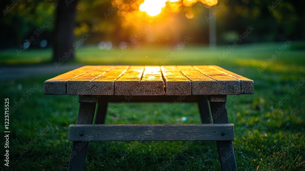 Naklejka premium Sunset park picnic table, grassy area, golden hour