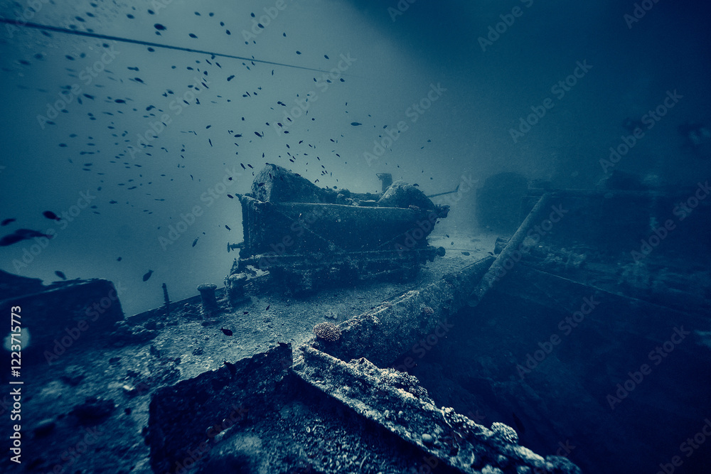 Mysterious underwater view on deck the ship wreck of SS Thistlegorm - British cargo steamship sunk by German bomber in the Red Sea, near Sharm El Sheikh, Egypt. Underwater photography and travel
