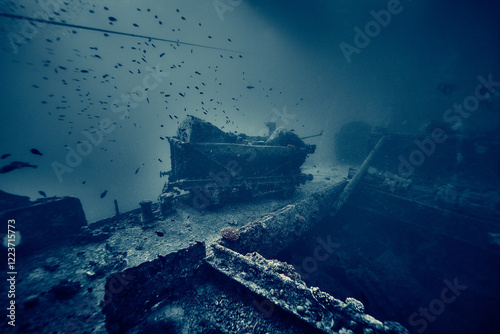 Obraz na płótnie Mysterious underwater view on deck the ship wreck of SS Thistlegorm - British cargo steamship sunk by German bomber in the Red Sea, near Sharm El Sheikh, Egypt. Underwater photography and travel w salonie