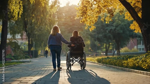 Woman assisting a person in a wheelchair in a park during sunset