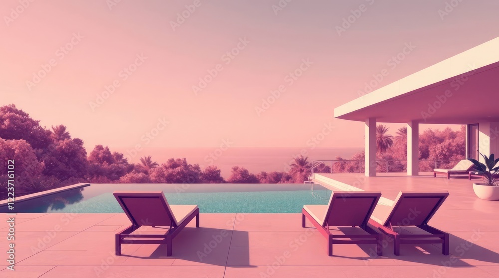 Fototapeta premium outdoor space with pastel skies, modern chairs, and a calming atmosphere