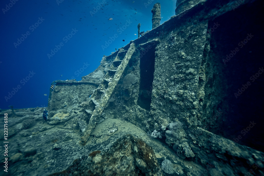 Mysterious underwater view on deck the ship wreck of SS Thistlegorm - British cargo steamship sunk by German bomber in the Red Sea, near Sharm El Sheikh, Egypt. Underwater photography and travel
