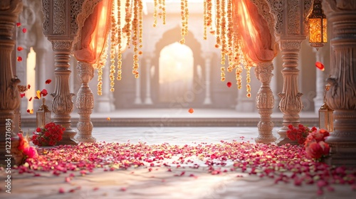 Indian Palace Courtyard with Wedding Decorations, Roses, Jasmine, Pillars, flowing Canopies and Lanterns. Copy space. Generative AI