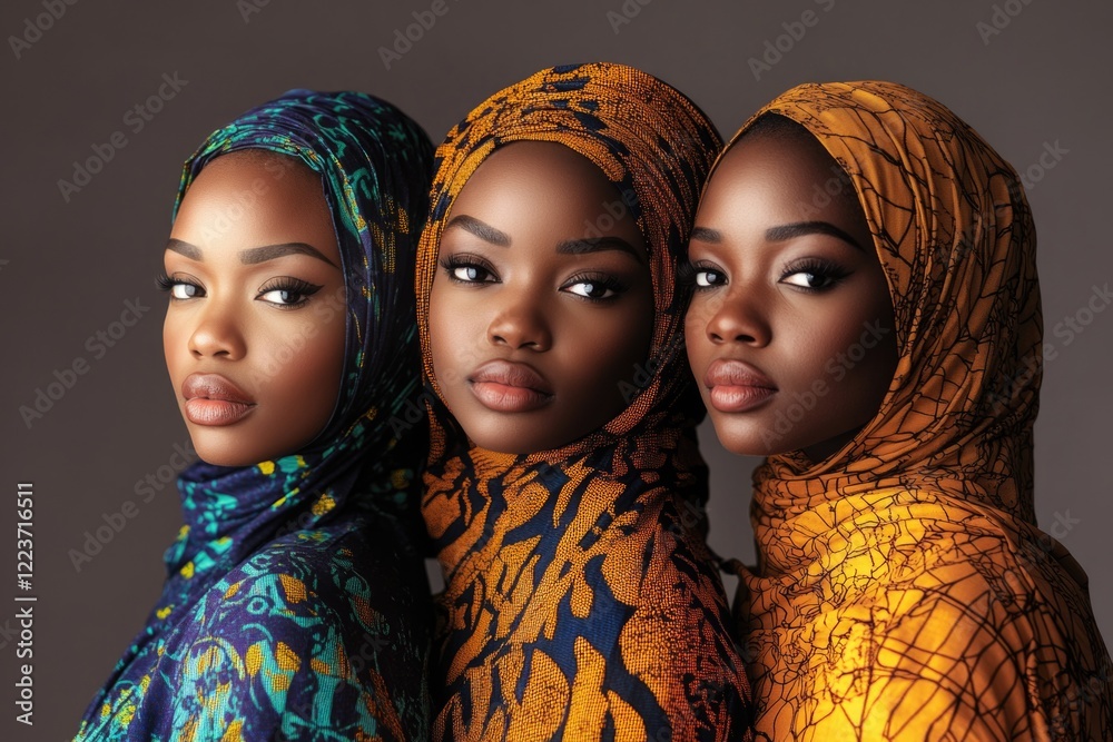 Obraz premium Three women wearing colorful scarves stand side by side. The women are dressed in traditional African clothing and are posing for a photo. Scene is lively and colorful