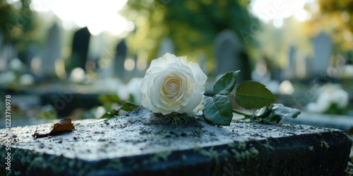 A white rose is on top of a stone slab in a cemetery. The rose is the only thing visible in the image, and it is surrounded by a cemetery setting. Scene is somber and reflective photo