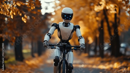 Robot cycling autumn park, leaves falling, technology future photo