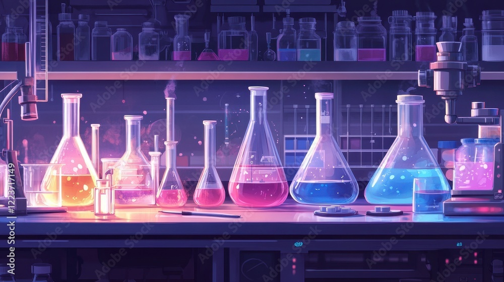 A laboratory scene with beakers and test tubes, filled with chemicals, surrounded by scientific instruments and tools. A laboratory scene with beakers and test tubes, filled with chemicals, surrounded by scientific instruments and tools.