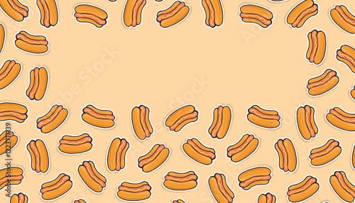 sausage. frame. Hot dog. an empty frame of hot dogs. fast food. delicious fast food. street food with sausage. vector. Beautiful food-themed pattern. meal. packaging for food products. bun. photo