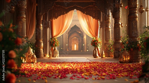 Indian Palace Courtyard with Wedding Decorations, Roses, Jasmine, Pillars, flowing Canopies and Lanterns. Copy space. Generative AI