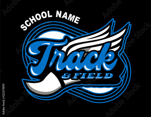 track and field team design with winged foot for school, college or league sports