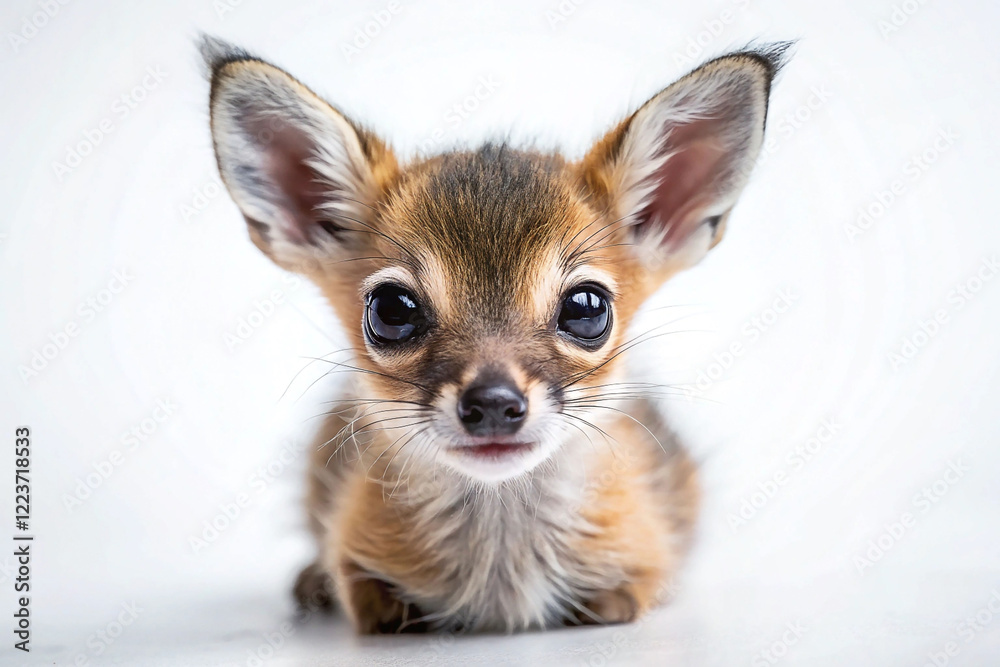 Obraz premium Adorable baby dik-dik fawn, large eyes, sitting on white background.