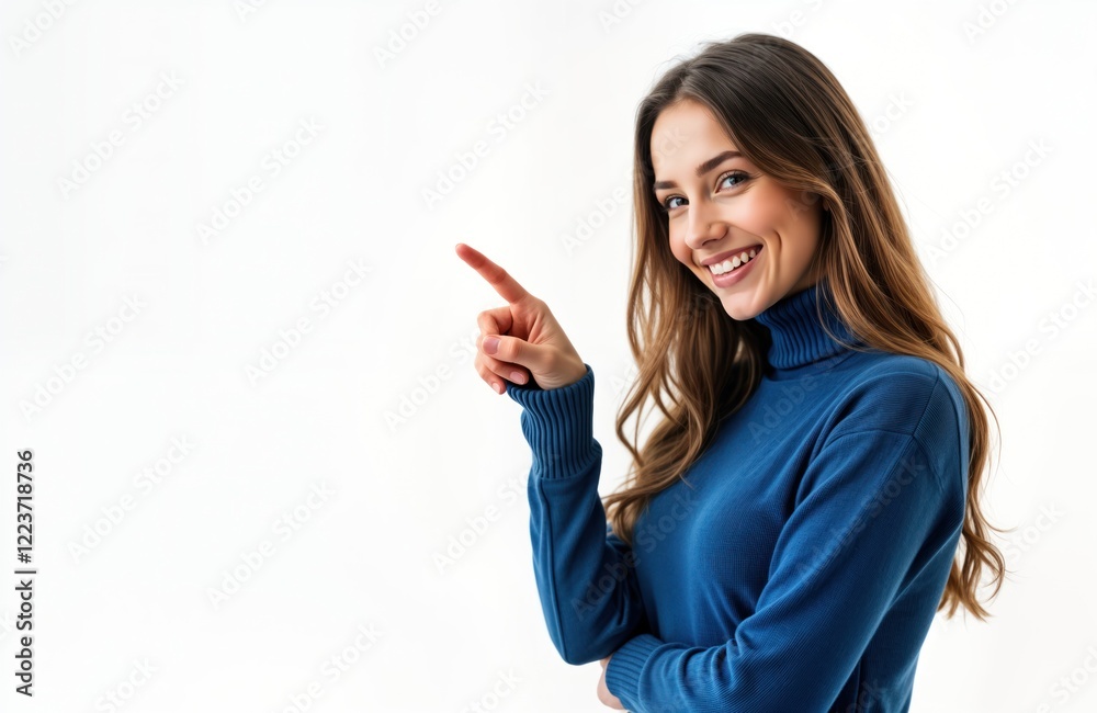 Smiling woman points to empty space. European female with long hair wears blue sweater. Image suitable for promo, mockup. Looks at unseen object, shows something new, exciting. Ideal for fashion Smiling woman points to empty space. European female with long hair wears blue sweater. Image suitable for promo, mockup. Looks at unseen object, shows something new, exciting. Ideal for fashion