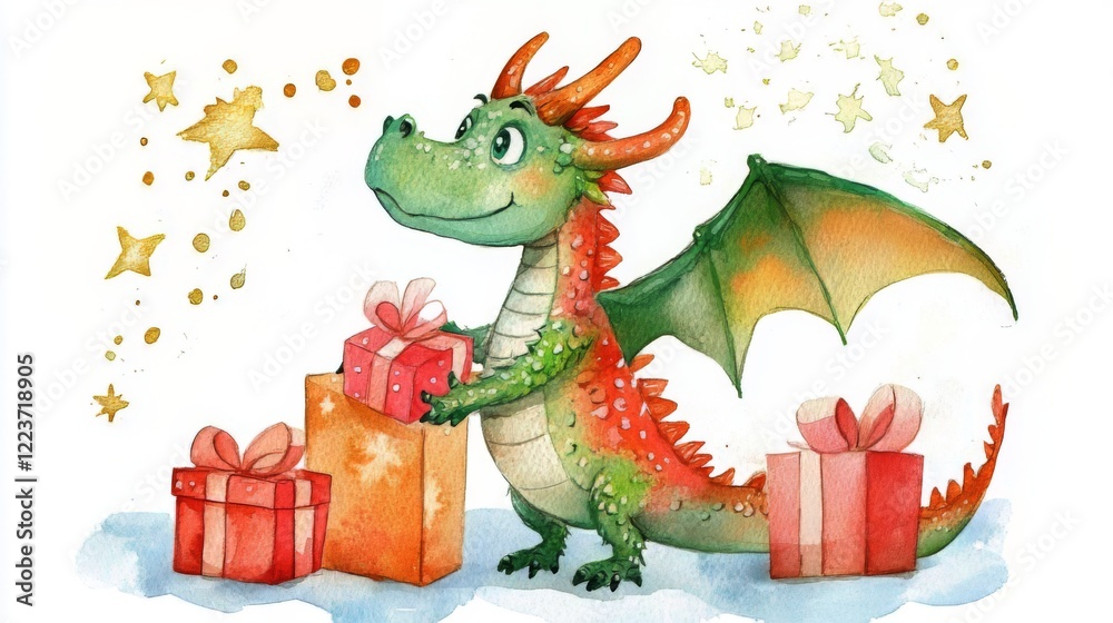 Naklejka premium Adorable Watercolor Dragon with Gifts - A Charming Illustration