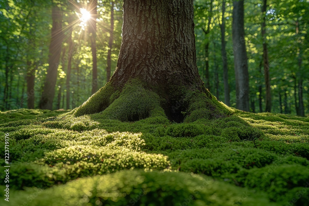 Sunlight shines through green leaves in the forest during spring