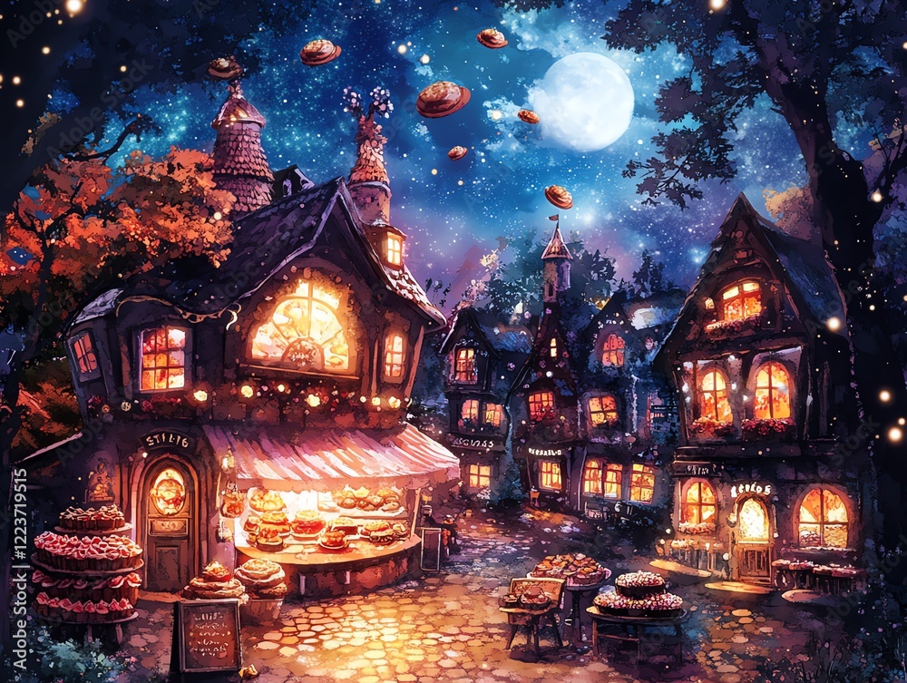 Obraz premium Tilted angle view of a whimsical bakery in a fantasy forest, illuminated by moonlight, enchanted pastries float around, watercolor style, warm colors, dreamlike atmosphere