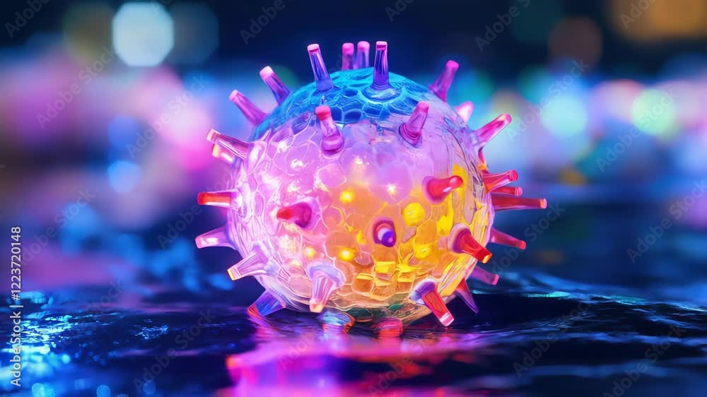 Highly detailed 3D-rendered image of virus particle with glowing, translucent structure in vivid shades of purple, pink, and yellow, set against dark, futuristic background with reflective surfaces.