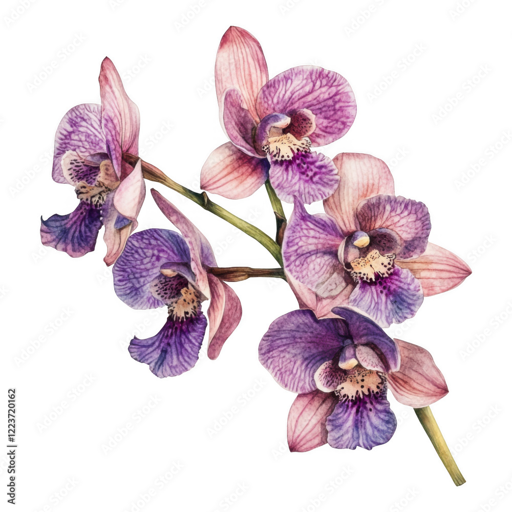Obraz premium Pink and purple orchids blooming, close-up studio shot, floral beauty, botanical illustration