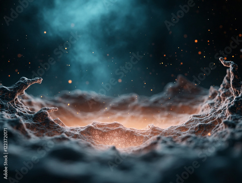 Swirling mist surrounds glowing hotspots in dark atmosphere photo