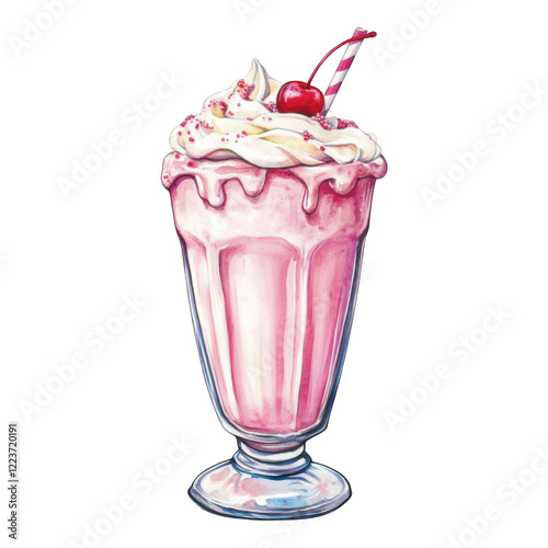 Pink milkshake with whipped cream and cherry. Delicious dessert drink, perfect for summer