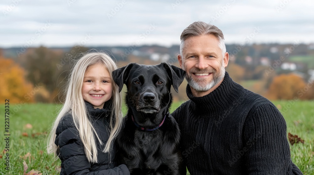 Happy family with dog in autumn landscape Happy family with dog in autumn landscape