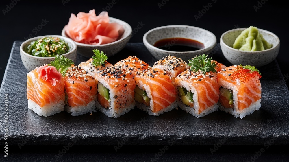 Vibrant sushi rolls with fresh salmon, avocado, and tobiko presented on a black slate Vibrant sushi rolls with fresh salmon, avocado, and tobiko presented on a black slate