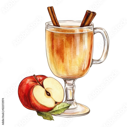 Warm apple cider drink with cinnamon sticks, autumnal setting