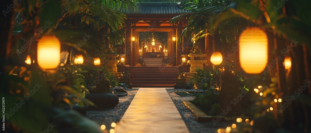Obraz premium Luxurious Japanese Building with Paper Lanterns, wooden Carvings and Tiled Footpath in a Zen Garden. Copy space. Generative AI