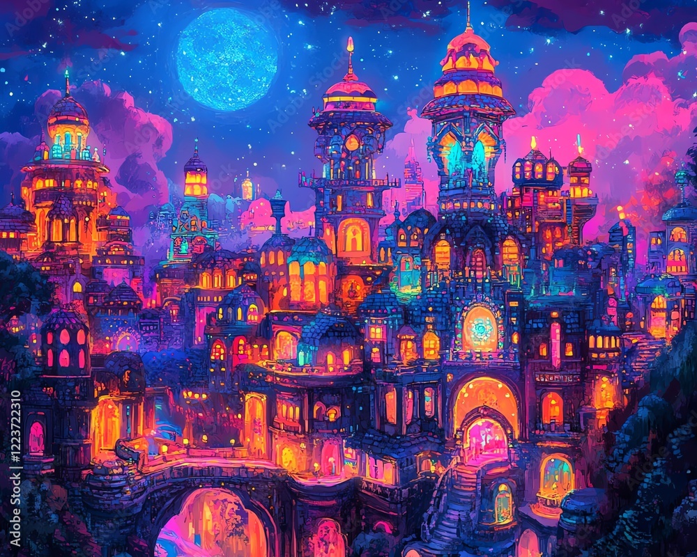 Obraz premium Vibrant fantasy city at night. Magical architecture, glowing lights, and a full moon illuminate a whimsical cityscape.