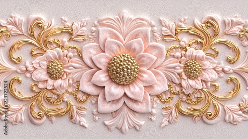 Close-up of intricate stucco designs in soft rose and gold tones, framed by ornate baroque patterns with 3D highlights, luxury decor concept