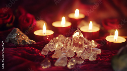 Beautiful crystals and lit candles on layered red velvet